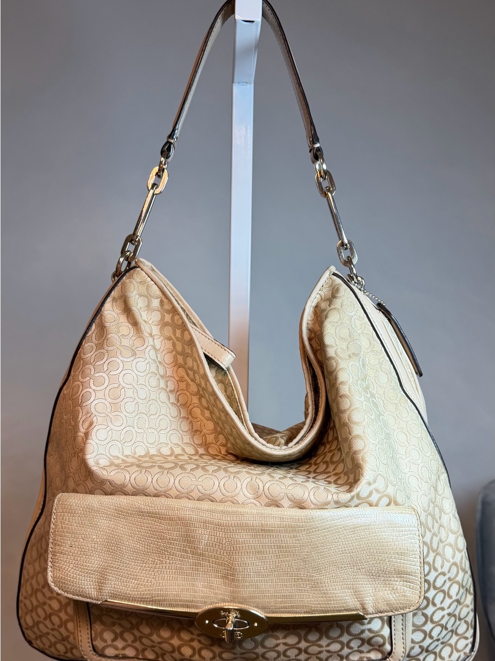 Coach Beige Signature Logo Hobo with Gold Hardware